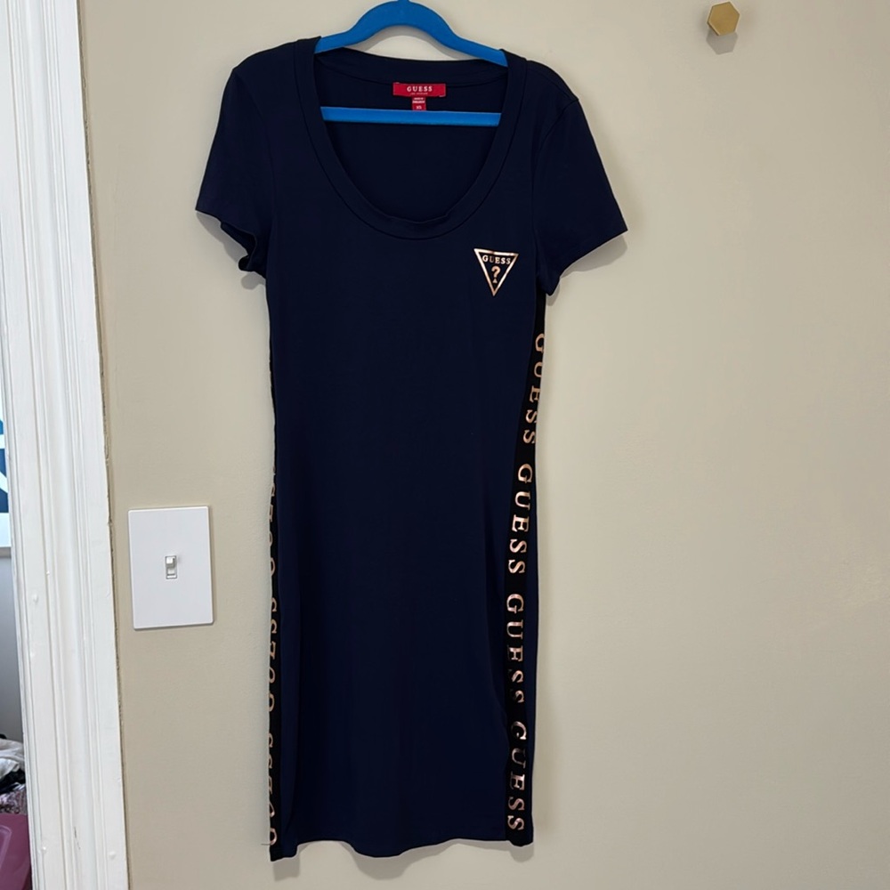 Navy, black Guess Bodycon t shirt dress, rose gold logo and brand, blue, soft